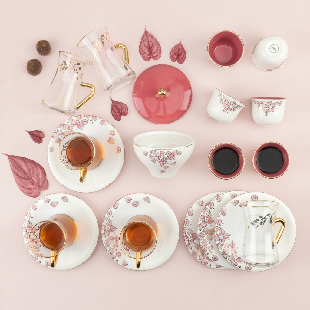 19pcs tea set ( 6 glass 6saucer 6 cawa 1 sugor) - pink+gold   