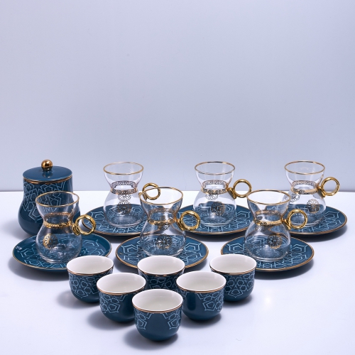 أزرق - طقم استكانات الشاي والقهوة العربية بتصميم فاخر من توب كابي